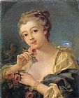 Francois Boucher Canvas Paintings - Young Woman with a Bouquet of Roses